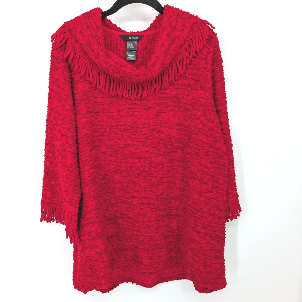 Ali Miles Sweater Women Large Red Cowl Neck Fringe Trim Boucle Knit Pullover